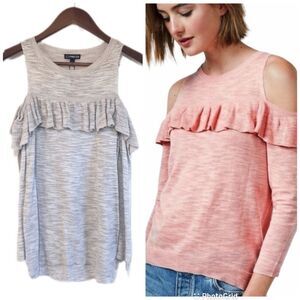 Express Gray Cold Shoulder Ruffle Sweater Top Lightweight 3/4 Sleeve Size XS New